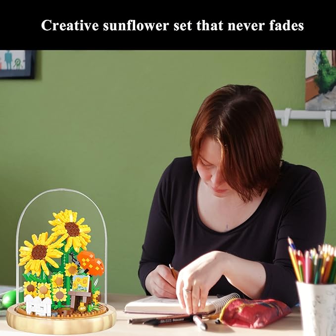 Sunflower Flower Bouquet Building Toy Mini Bricks Flowers Set Adult Botanical Collection Friends Set DIY Plants Bonsai Tree Valentine's Christmas New Year Birthday for Women