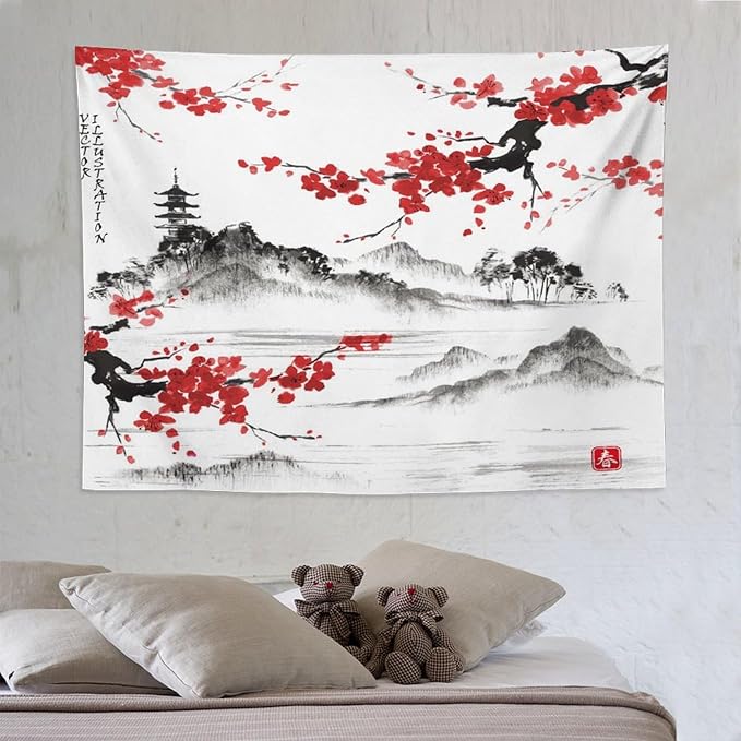 Cherry Blossoms Tapestry, Japanese Fuji Mountain Tapestry, Asian Japanese Wall Tapestry, Nature Landscape Tapestries for Bedroom Living Room Decor 80"x60"