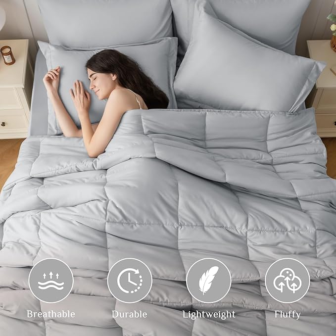JOLLYVOGUE King Comforter Set, Ultra-Soft Bed in a Bag King Size 7 Pieces, Oeko-TEX Certified Bedding Set with Down Alternative Comforter, Sheets, Pillowcases & Shams, Light Grey