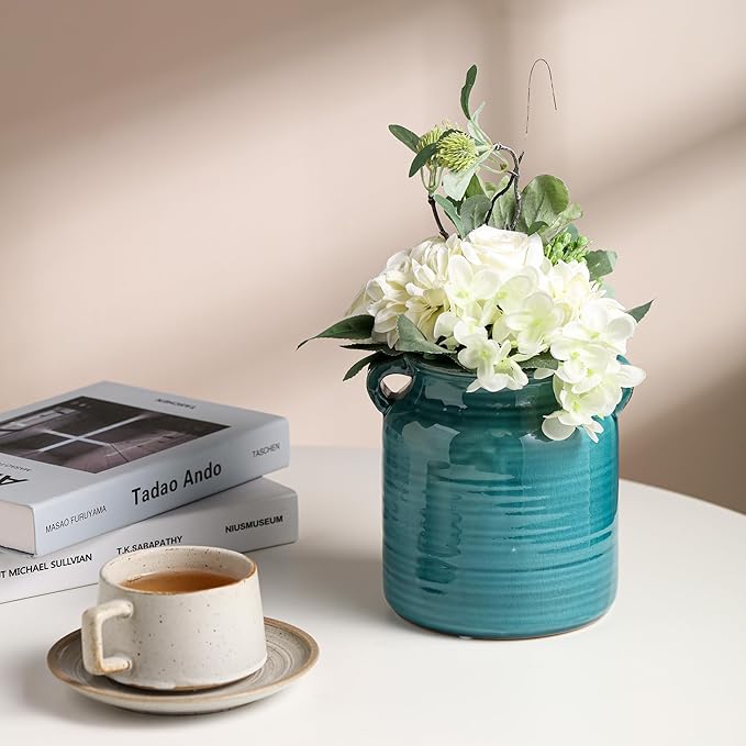 Ceramic Rustic Distressed Green Flower Vase for Centerpieces, Kitchen, Office or Living Room (5.9''x6.3'')