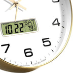 Wall Clock, 14" Large Dial Non-Ticking Silent Battery Operated Analog with LCD Display for Perpetual Calendar and F° Temperature, Ideal Modern Home, Bedroom, Office Decor (Gold)