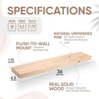 Homeforia 36 inch Wood Floating Shelves, High End Solid Natural Wood 36inch Large Floating Shelf Bathroom, Unfinished Wooden Floating Shelves for Wall, Heavy Duty Bracket, 36 X 6.5 X 1.75 in, Set of 4