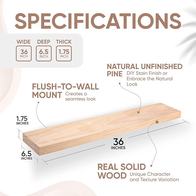 Homeforia 36 inch Wood Floating Shelves, High End Solid Natural Wood 36inch Large Floating Shelf Bathroom, Unfinished Wooden Floating Shelves for Wall, Heavy Duty Bracket, 36 X 6.5 X 1.75 in, Set of 4