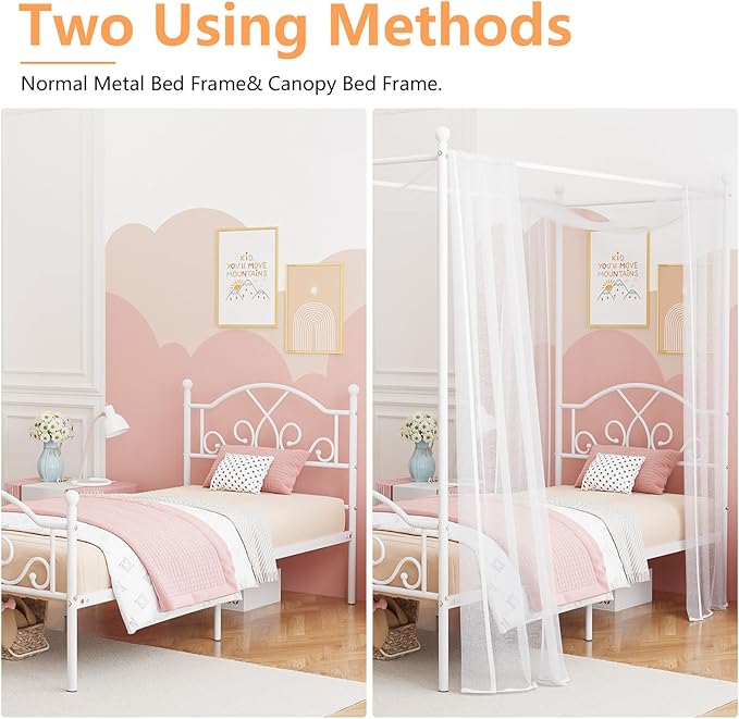 Weehom Twin Canopy Bed Frame with Headboard and Footboard Metal Four Posters Curtains Design Mattress Foundation Bed Platform Underbed Storage Space No Box Spring Needed for Kids Adults White