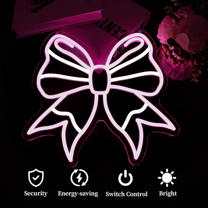 Bow Neon Sign Led Neon Lights Neon Signs for Wall Decor Light Up Sign for Birthday Party Club Gift