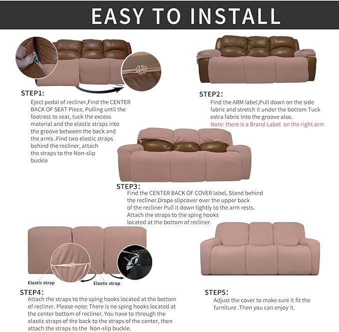 Easy-Going 8 Pieces Recliner Sofa Stretch Sofa Slipcover Sofa Cover Furniture Protector Couch Soft with Elastic Bottom Kids, Spandex Jacquard Fabric Small Checks Pink