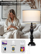 28" Set of 2 Farmhouse Table Lamps for Living room, Bedside Lamp with USB C+A Ports & AC Outlets, Black Vintage End Table Lamps for Bedrooms, Nightstand Lamps Fabric Shades Rustic 2 LED Bulbs Included