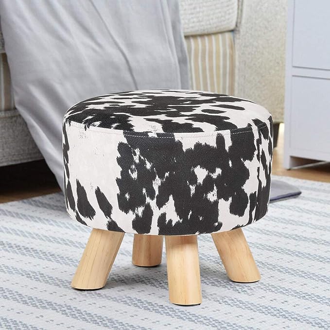 Asense Small Round Ottoman Foot Rest Stool Linen Padded Seat Footstool Ottoman with Anti-Slip Wooden Legs (Cow Black,Linen)