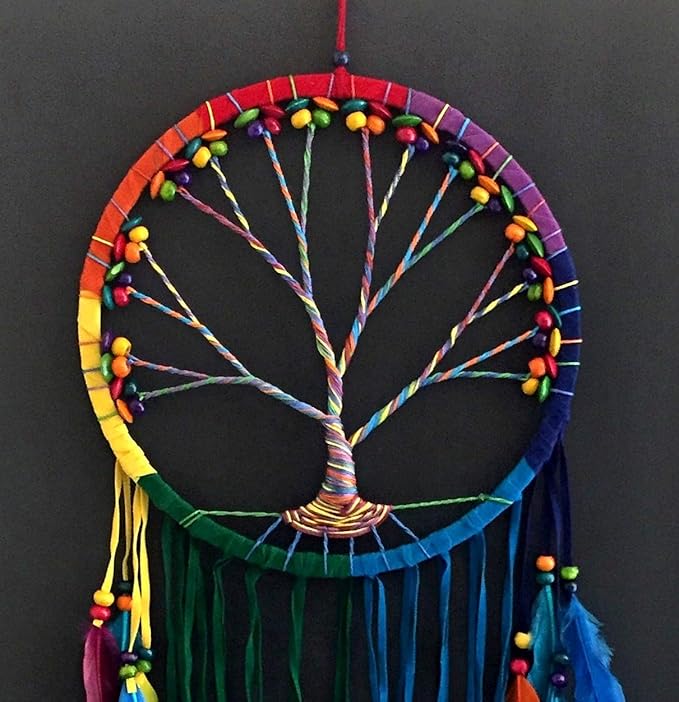 OMA Chakra Rainbow Dream Catcher, Tree of Life Design with Feathers and Beads, Rainbow Suede Authentic Traditional Dream Catcher Boho Home Decor - Large Size - 36" Long x 11" Diameter (Rainbow)