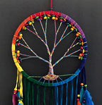 OMA Chakra Rainbow Dream Catcher, Tree of Life Design with Feathers and Beads, Rainbow Suede Authentic Traditional Dream Catcher Boho Home Decor - Large Size - 36" Long x 11" Diameter (Rainbow)
