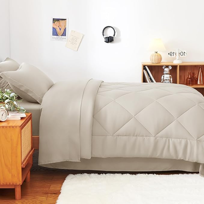 CozyLux Twin XL Comforter Set Beige - 5 Pieces Twin Extra Long Bed in a Bag for College Dorm, All Season Bedding Set for Girls and Boys, Soft Bed Set with Comforter, Sheets, Pillowcase & Sham