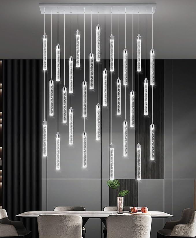Rectangular Chandeliers 26-Lights Long Light for Entryway LED Dimmable Chandeliers Lighting Fixture Flat Sloped High Ceiling Pendant Lights Crystal for Living Room Foyer Hallway Staircase Silver