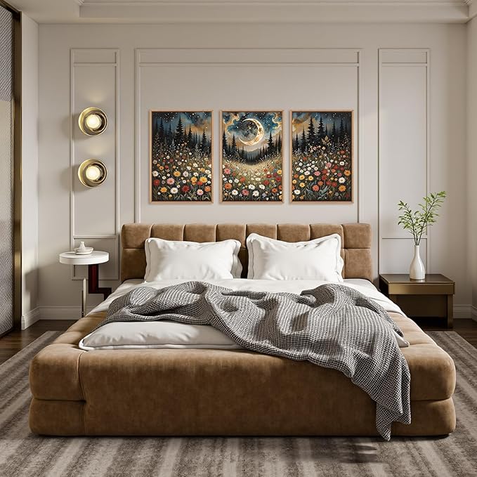 HPINUB Wildflower Moon Pine Tree Framed Canvas Wall Art Set,Nature Forest Wall Decor,Mystical Starry Night Artwork Rustic Mountain Landscape Art Print for Living Room,Bedroom,Office-24 x36 x3