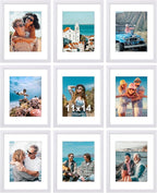 Vittanly 11x14 Picture Frames Set of 9, Shatter Resistant Plexiglass, Display 8x10 Pictures with Mat or 11x14 without Mat, Photo Frames for Wall or Tabletop, Engineered Wood, White