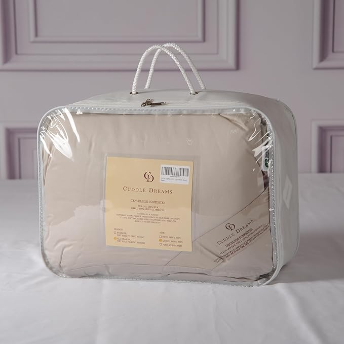 CUDDLE DREAMS Silk Filled Comforter for All Season, Detachable Tencel Duvet Cover for Easy Care, Naturally Breathable (Light Pewter, Twin)