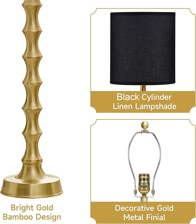 30.5" Gold Table Lamps with Black Shade Set of 2, Golden Buffet Table Lamp for Living Room, Modern Black Gold Lamps Set of 2 Tall Skinny, Tall Golden Bamboo Lamp for Home Office