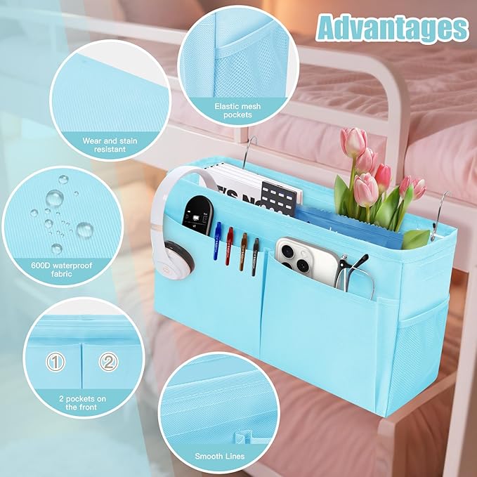 Bedside Caddy Organizer with Fixed Straps, Bunk Bed Caddy ideal for Home, Bunk Bed, Dorm, Hospital, Crib, Versatile Bedside Storage Solution (Blue)
