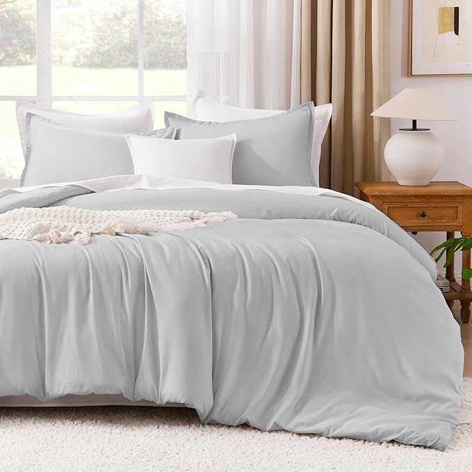 Litanika Light Grey Comforter Full Size, 3 Pieces Lightweight Solid Bedding Comforter Set, All Season Fluffy Bed Set (79x90In Comforter & 2 Pillowcases)