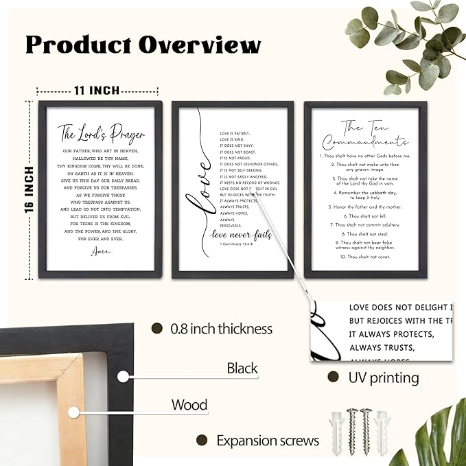 FZMHASLWW Scripture Bible Verse Wall Decor Art 16"×11" Set of 3 Christian Sign Wood Framed Wall Hanging (Black