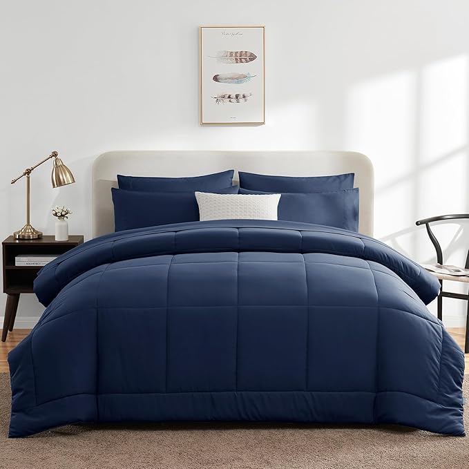 CozyLux Oversized King Comforter Sets Navy Blue, 7 Pieces Bed in a Bag, Ultra-Soft All Season Bedding Sets with Stitch Quilted Comforter, Flat Sheet, Fitted Sheet, Pillowcases, Navy Blue