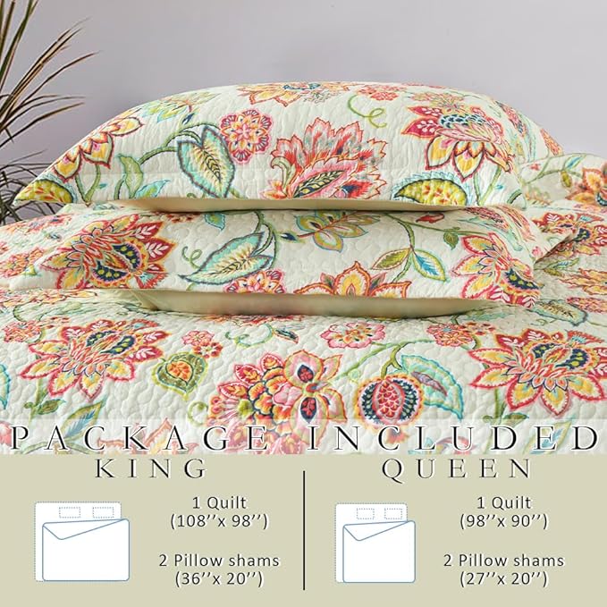 Cotton Bedspread Bedding Coverlet Quilt Sets, Reversible Vintage Branch Floral Bedspread comforters,(Vintage Floral White Pattern, King Size)