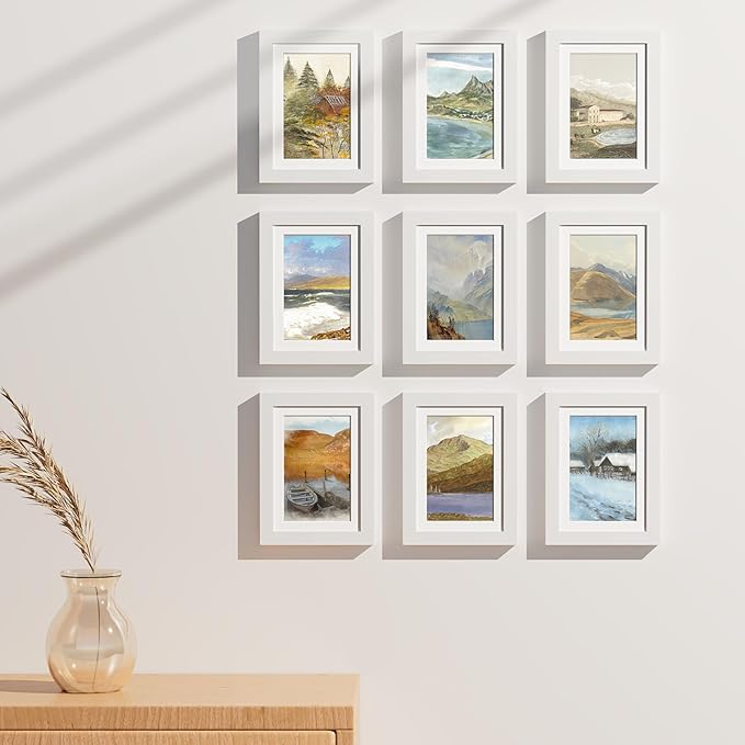Vittanly 5x7 Picture Frames Set of 9, Shatter Resistant Plexiglass, Display 4x6 Pictures with Mat or 5x7 without Mat, Photo Frames for Wall or Tabletop, Engineered Wood, White