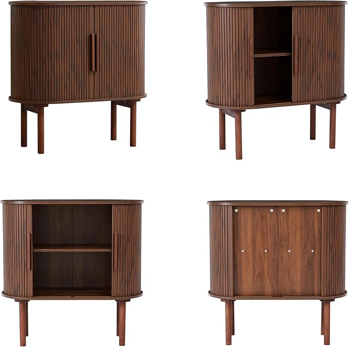 31'' Fluted Sideboard Buffer Cabinet, Modern Credenza Storage Cabinet with Slide Doors, Bar Cabinet Console Table for Living Dining Room Kitchen Hallway Entryway, Walnut