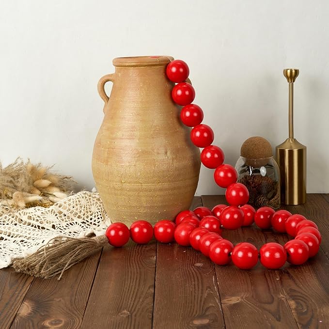 OMISHE 60" Long Large Wood Bead Garland with 1.6" Diameter Wooden Beads and Tassels, Rustic Farmhouse Country Wood Beads Garland for Home Tiered Tray Decor, Decorative Beads with Tassels Red