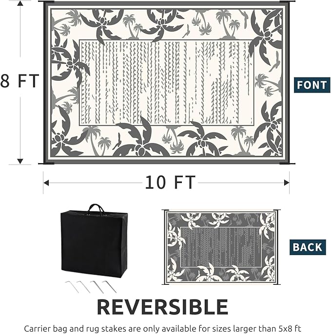 COCOER Outdoor-Rug 8x10 ft Waterproof Reversible Outdoor Plastic Straw Rug RV Indoor Outdoor Carpet Quick Dry Patio Rug Camping Mat for Balcony Backyard Picnic Beach-Grey&Beige