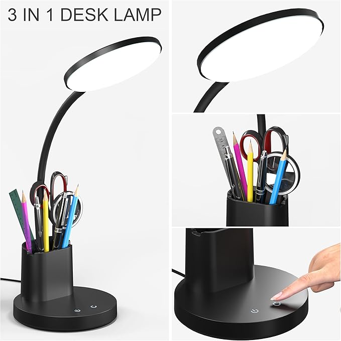 Desk Lamp, LED Desk Lamp for Home Office, Touch Table Lamp with 3 Color Modes 360° Adjustable Arm, Dimmable Desk Light with Pen Phone Holder, Black