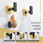 Angle Simple Bathroom Towel Hook 2 Pack, SUS 304 Stainless Steel Bath Robe Coat Holder Wall Mounted, Black & Gold