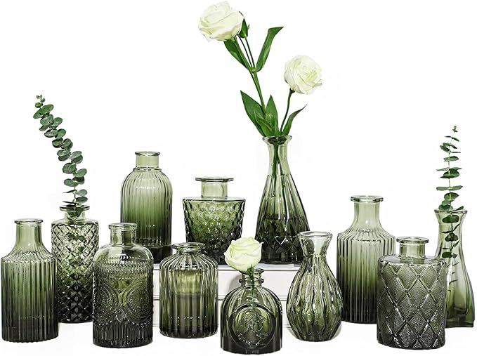 12pcs Green Glass Bud Vases Set, Small Vases for Flowers, Bud Vase for Centerpieces in Bulk, Mini Vintage Vase for Wedding Decorations, Office and Home Table Flower Décor