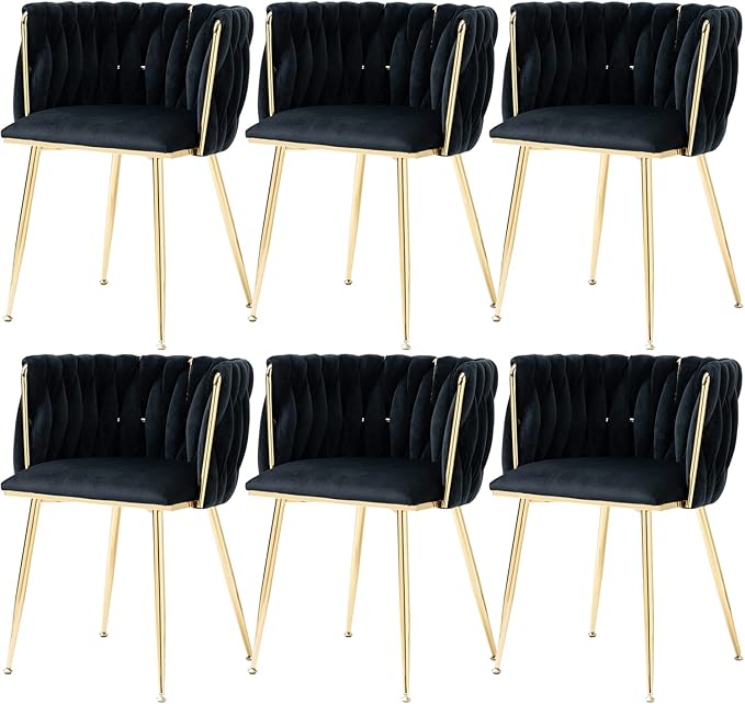 Nrizc Woven Dining Chairs Set of 6, Velvet Upholstered Dining Chairs with Gold Metal Legs, Modern Accent Chairs for Living Room, Dining Room, Kitchen (Black)