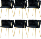 Nrizc Woven Dining Chairs Set of 6, Velvet Upholstered Dining Chairs with Gold Metal Legs, Modern Accent Chairs for Living Room, Dining Room, Kitchen (Black)