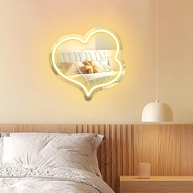 Warm White Heart Acrylic Mirror Neon Signs,Dimmable Heart Shaped Mirror with Neon LED Lights,USB Powered Neon Sign Wall Decor Art Neon Light For bedroom,Family,Wedding,Bar,Party Decor