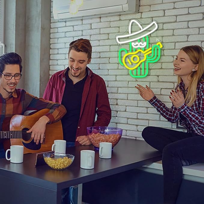 WLHOPE Cactus Neon Sign Cowboy Hat LED Signs Green Led Neon Signs for Wall Decor, Guitar Cactus Neon Led Signs USB Anime Neon Light for Bedroom Game Room Kids Room Home Bar Party Shop Gift