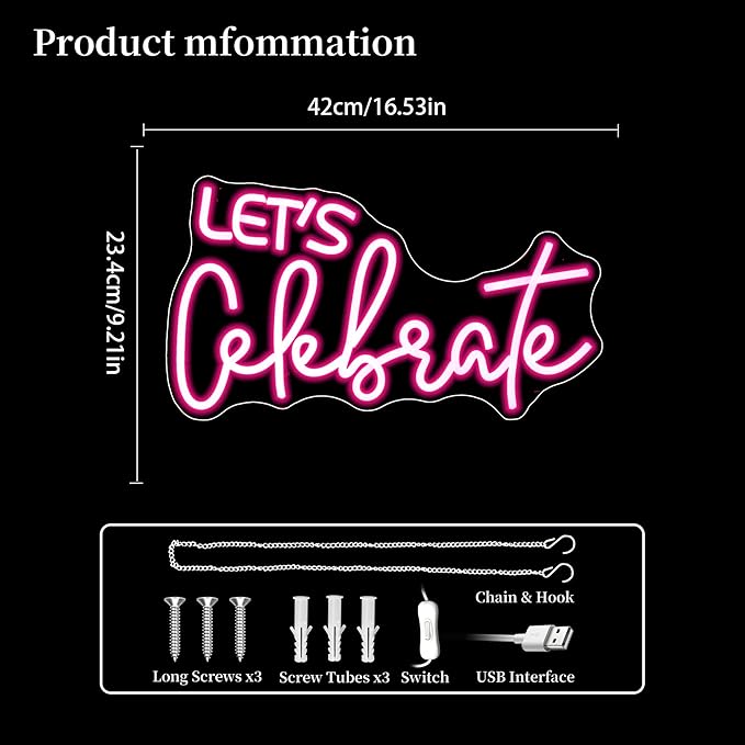 Let's Celebrate Neon Sign Led Neon Lights Neon Signs for Wall Decor Light Up Sign for Birthday Party Club Gift