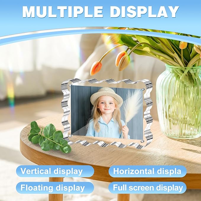 Aheroi 4x6 Acrylic Picture Frames, 3 Pack Clear Scalloped Acrylic Photo Frame Freestanding Magnetic Picture Frames for Desktop, Transparent Thickened Double Sided Picture Frame, Exclusive Shape Design