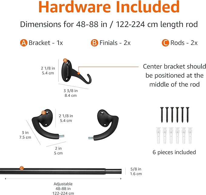 Amazon Basics Easy to Install Adjustable Room Darkening Blackout Curtain Rod - Wraps Around, Blocks Light, for Heavy Curtains, 48" to 88", Black