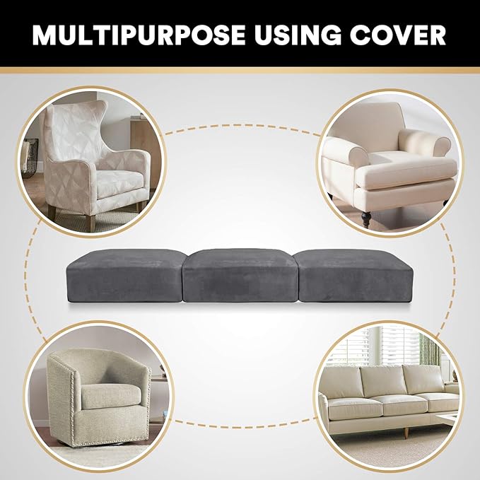 PrinceDeco Stretch Sofa Cushion Covers for Couches and Sofas,Soft Velvet Couch Seat Covers, Sofa Covers Washable, Seat Cushion Cover for 3 Couch Sofa Pet Friendly - Grey, Each Width Up to 29.5"