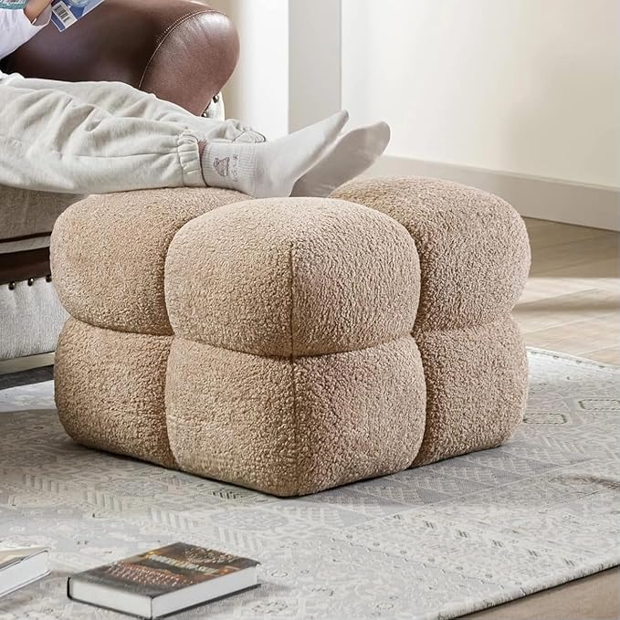 Zesthouse Square Pouf Ottoman, Modern Ottoman Coffee Table for Living Room, Fuzzy Sherpa Stool Foot Rest, Upholstered Tufted Stool for Couch, Tan