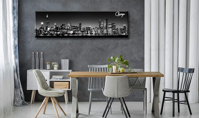 Office Wall Decor Black and White Wall Art Chicago Skyline Pictures for Living Room Modern Large Canvas Print Artwork Stretched and Framed 13.8"X47.3"