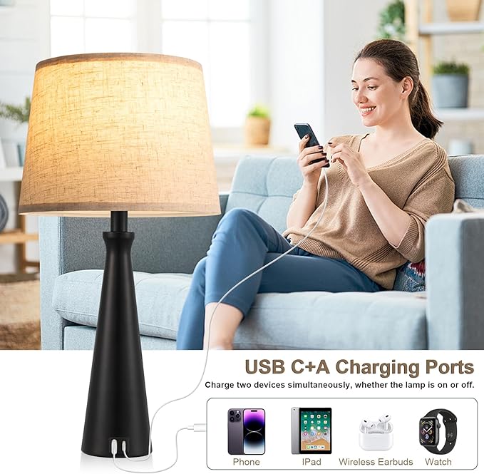 Seealle Modern Table Lamps Set of 2 - Touch Bedside Lamp for Nightstand with USB C+A,3-Way Dimmable Black Nightstand Lamps for Living Room Bedroom End Table with Beige Shade(Bulb Included)
