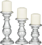 Deco 79 Traditional Mango Wood Pillar Candle Holder, Set of 3 10", 8", 6"H, Silver