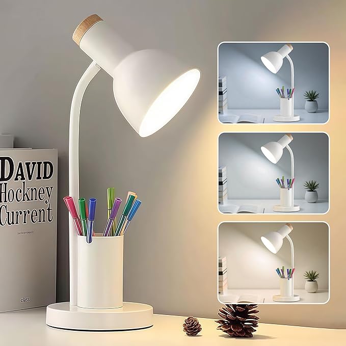 LED Desk Lamp with Pen Holder, Eye-Caring Desk Light 3 Color Modes Reading Light Flexible Gooseneck Metal Study Lamp, Cute Table Lamps for Home Office Bedside Dorm(White lamp)