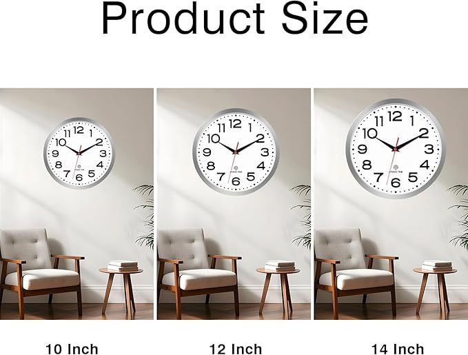 Atomic Wall Clock 10 Inch, Modern Clock Battery Operated Classic Analog Decorative for Kitchen, Living Room, Office, Bedroom, Bathroom (Silver)