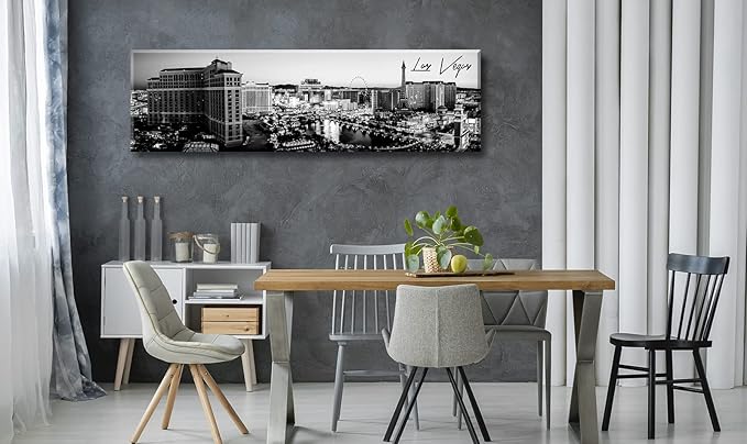 Las Vegas Skyline Wall Art for Living Room American Cityscape Canvas Prints Black and White City Bellagio Fountain Skyscraper Night View Panoramic Pictures Modern Building Poster Framed 13.8"X47.3"
