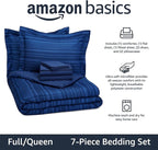 Amazon Basics Full/Queen Comforter Set with Sheets, 7-Piece Blue Calvin Striped Bedding, Lightweight Microfiber Bed-in-a-Bag