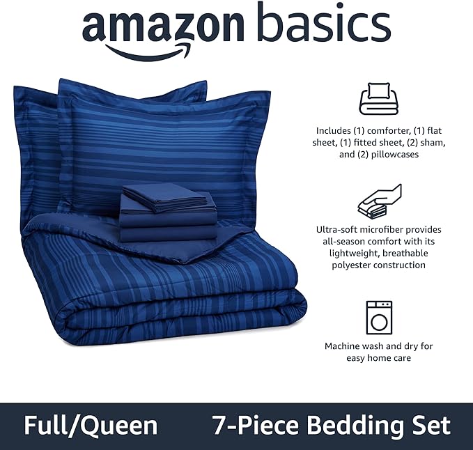 Amazon Basics Full/Queen Comforter Set with Sheets, 7-Piece Blue Calvin Striped Bedding, Lightweight Microfiber Bed-in-a-Bag