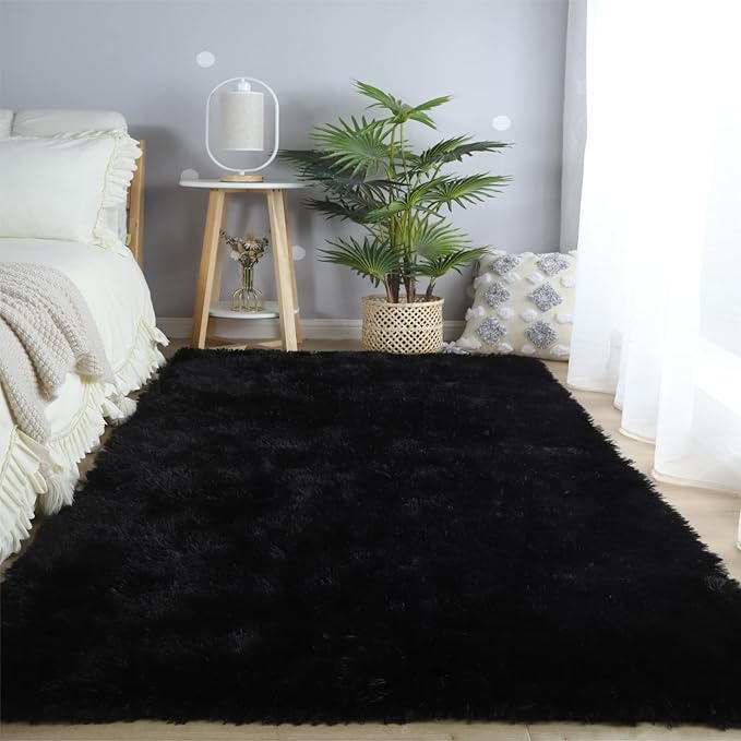 CAIYUECS Shag Area Rug,Indoor Ultra Soft Plush Rugs for Bedroom Living Room, Non-Skid Modern Nursery Faux Fur Rugs for Kids Room Home Decor (3x5 Feet, Black)